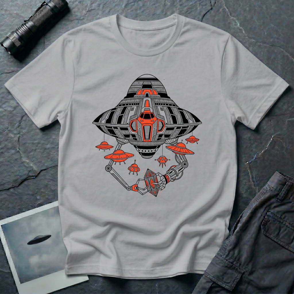 Grey t-shirt with a black and orange mechanical UFO design featuring robotic arms holding an octahedral artefact and smaller saucer drones.