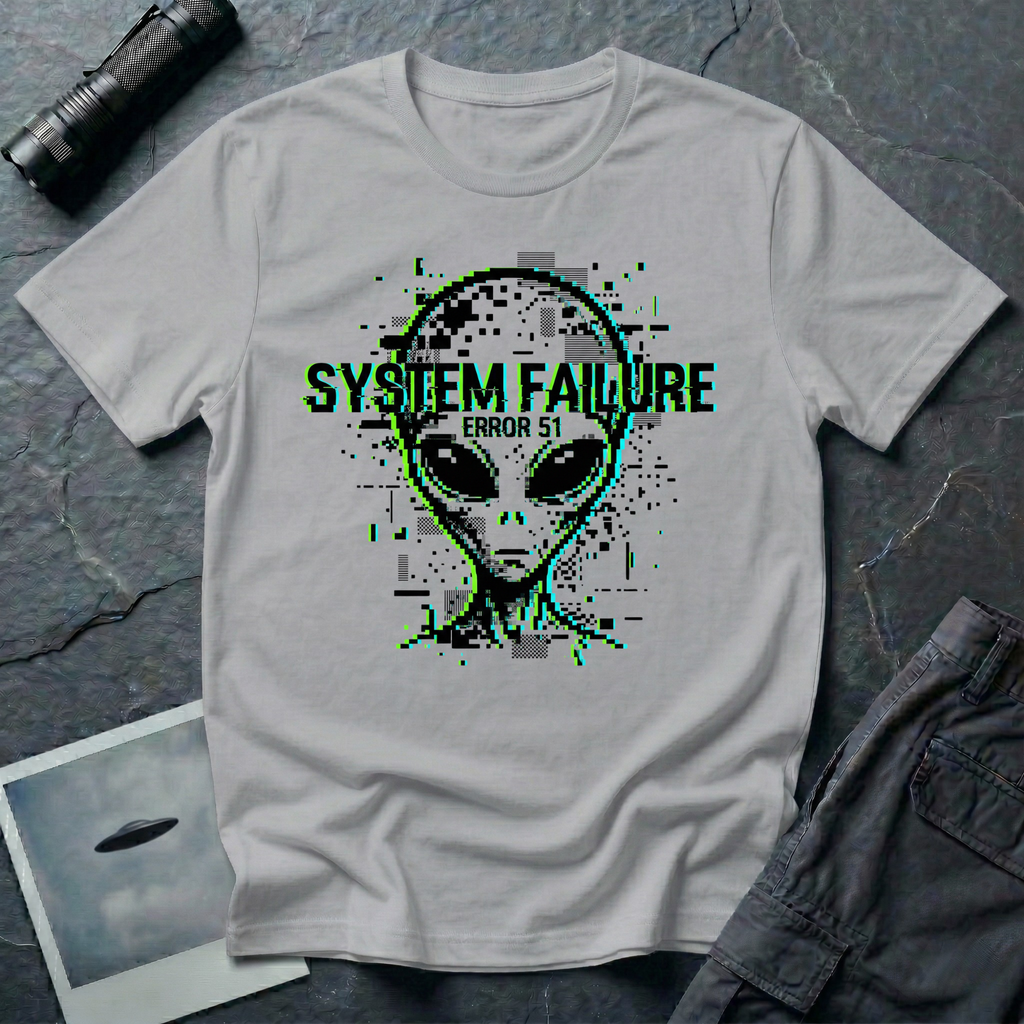 System Failure simulation UFO t-shirt — grey alien head fragmenting into pixel debris with chromatic glitch and "Error 51" on grey cotton tee