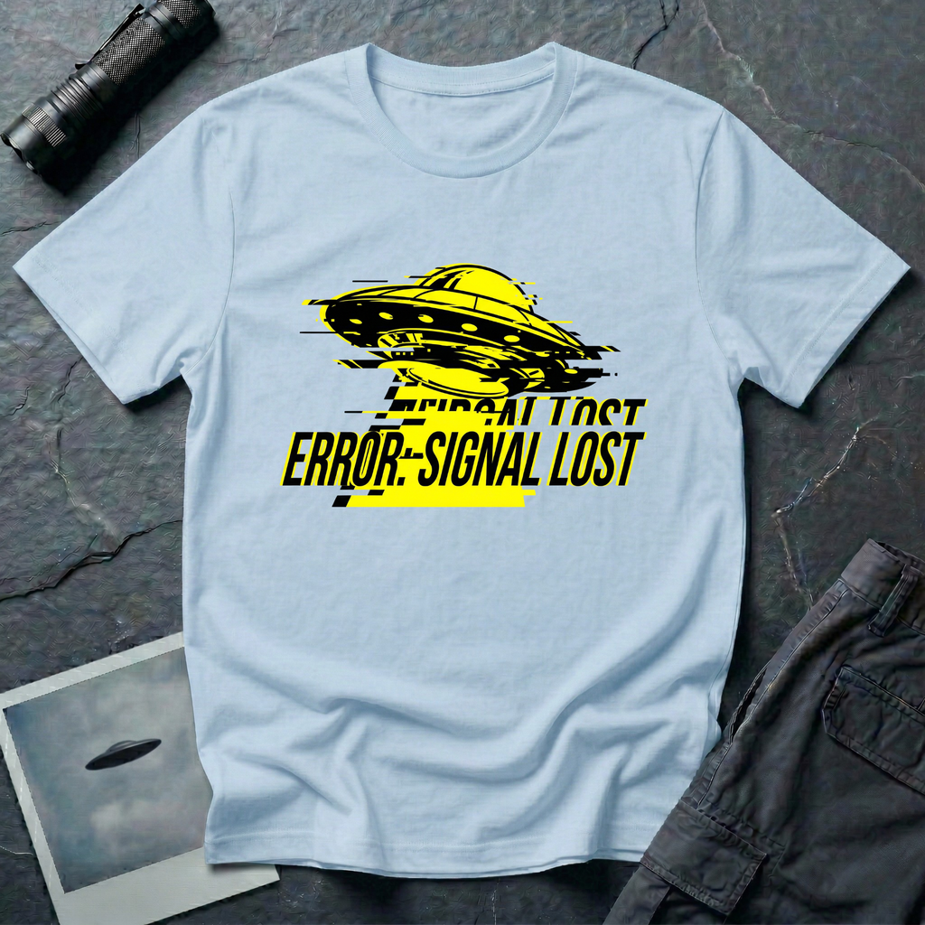 Error: Signal Lost hazard UFO t-shirt — classic flying saucer in hazard yellow and black with horizontal glitch bars and "ERROR: SIGNAL LOST" caption on light blue cotton tee