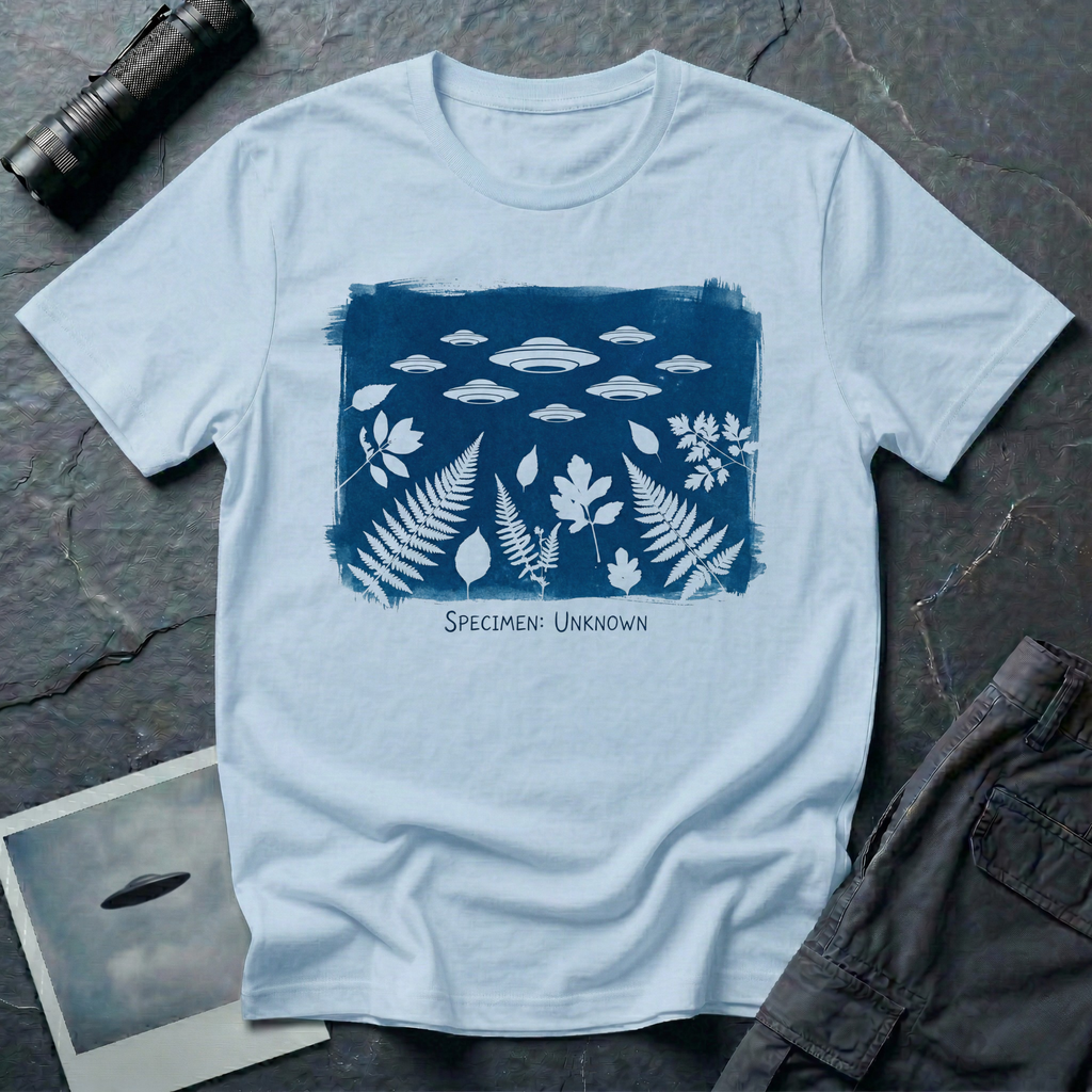 Specimen Unknown cyanotype UFO t-shirt — Anna Atkins-style cyanotype with ferns, leaves and flying saucer squadron in white on Prussian blue on light blue cotton tee