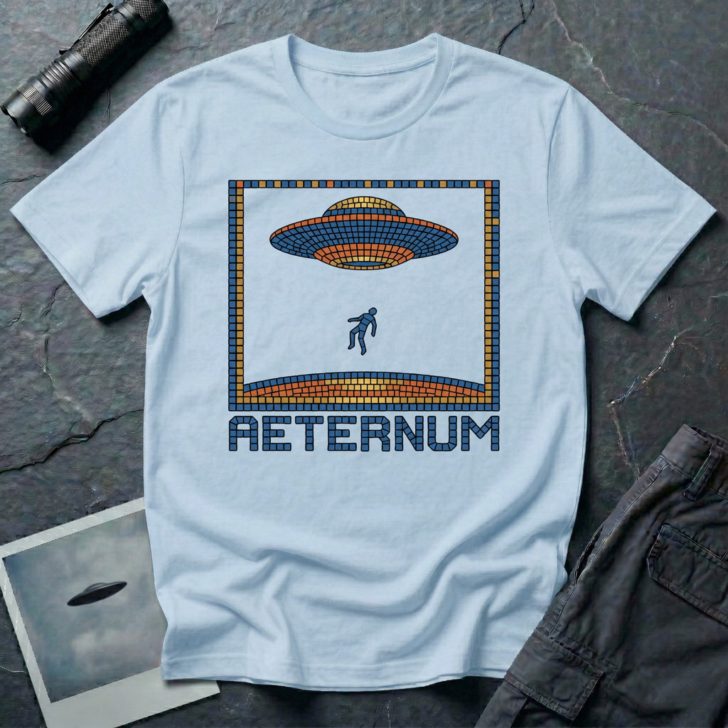 Aeternum Roman mosaic UFO t-shirt — flying saucer and abduction scene in blue and terracotta tile mosaic style on light blue cotton tee