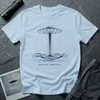 Silent Arrival ocean UFO t-shirt — flying saucer hovering over ocean waves with light beam on light blue unisex cotton tee
