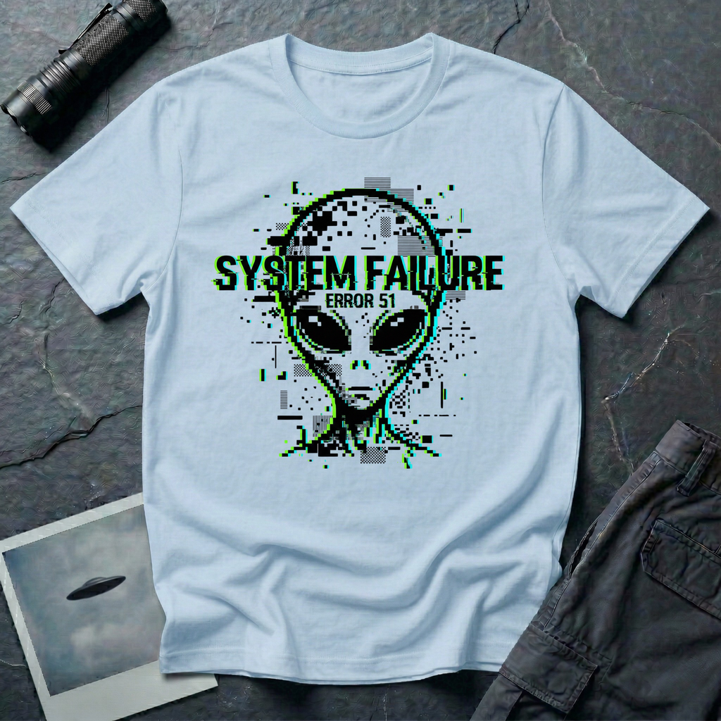 System Failure simulation UFO t-shirt — grey alien head fragmenting into pixel debris with chromatic glitch and "Error 51" on light blue cotton tee