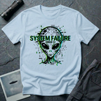 System Failure simulation UFO t-shirt — grey alien head fragmenting into pixel debris with chromatic glitch and "Error 51" on light blue cotton tee