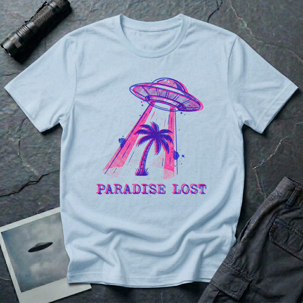 Paradise Lost tropical UFO t-shirt — palm tree being lifted into flying saucer tractor beam in pink and blue riso print with "Paradise Lost" caption on light blue cotton tee
