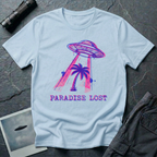 Paradise Lost tropical UFO t-shirt — palm tree being lifted into flying saucer tractor beam in pink and blue riso print with "Paradise Lost" caption on light blue cotton tee