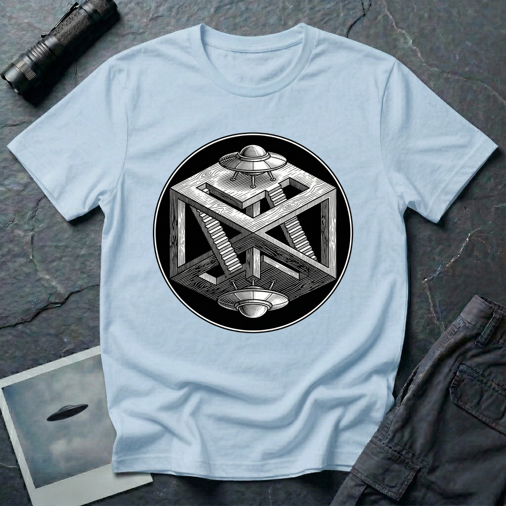 Escher UFO impossible geometry t-shirt — wood-engraved impossible cube with paradoxical staircases and two mirrored flying saucers inside a circular black medallion on light blue cotton tee