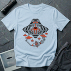 Light blue t-shirt with a black and orange mechanical UFO design featuring robotic arms holding an octahedral artefact and smaller saucer drones.