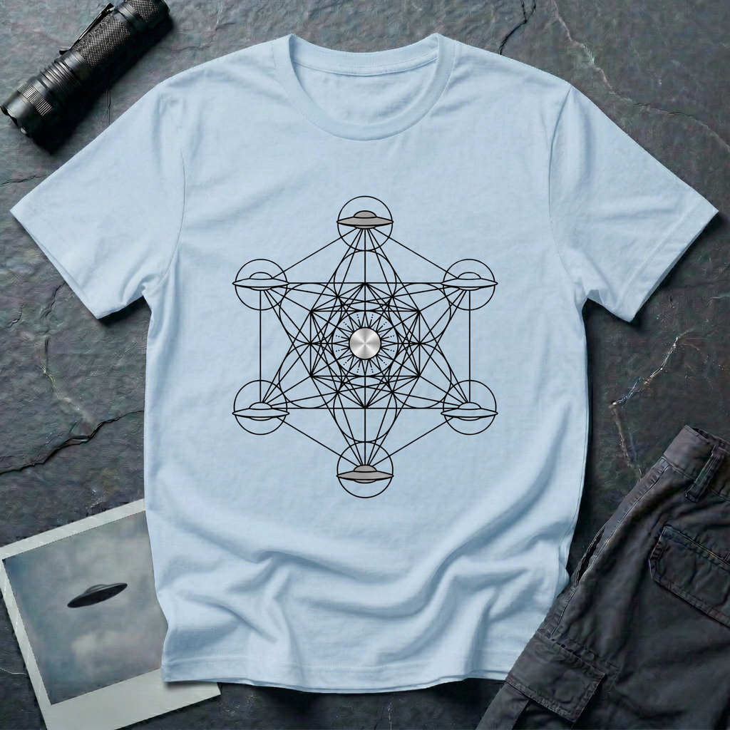 Metatron UFO sacred geometry t-shirt — Metatron's Cube diagram with flying saucers at the eight outer node points and a radiant central disc on light blue cotton tee