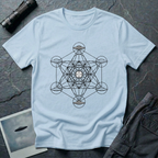 Metatron UFO sacred geometry t-shirt — Metatron's Cube diagram with flying saucers at the eight outer node points and a radiant central disc on light blue cotton tee