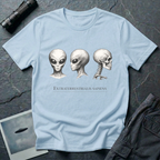Extraterrestrialis Sapiens ancient aliens t-shirt — three heads in 19th-century anatomical study style with grey alien front and profile views and human skull on pale blue cotton tee