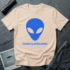 Alien Disclosure grey alien t-shirt — classic bulbous-head alien with almond eyes in electric blue on natural unisex cotton tee
