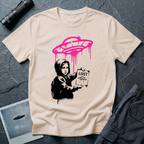 Street art UFO t-shirt with black stencil hooded figure holding "LOST" poster featuring flying saucer icon, bright magenta spray-painted UFO with paint drips hovering above in Banksy graffiti style on natural cotton tee