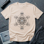 Metatron UFO sacred geometry t-shirt — Metatron's Cube diagram with flying saucers at the eight outer node points and a radiant central disc on natural cotton tee