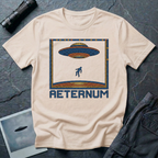 Aeternum Roman mosaic UFO t-shirt — flying saucer and abduction scene in blue and terracotta tile mosaic style on natural cotton tee