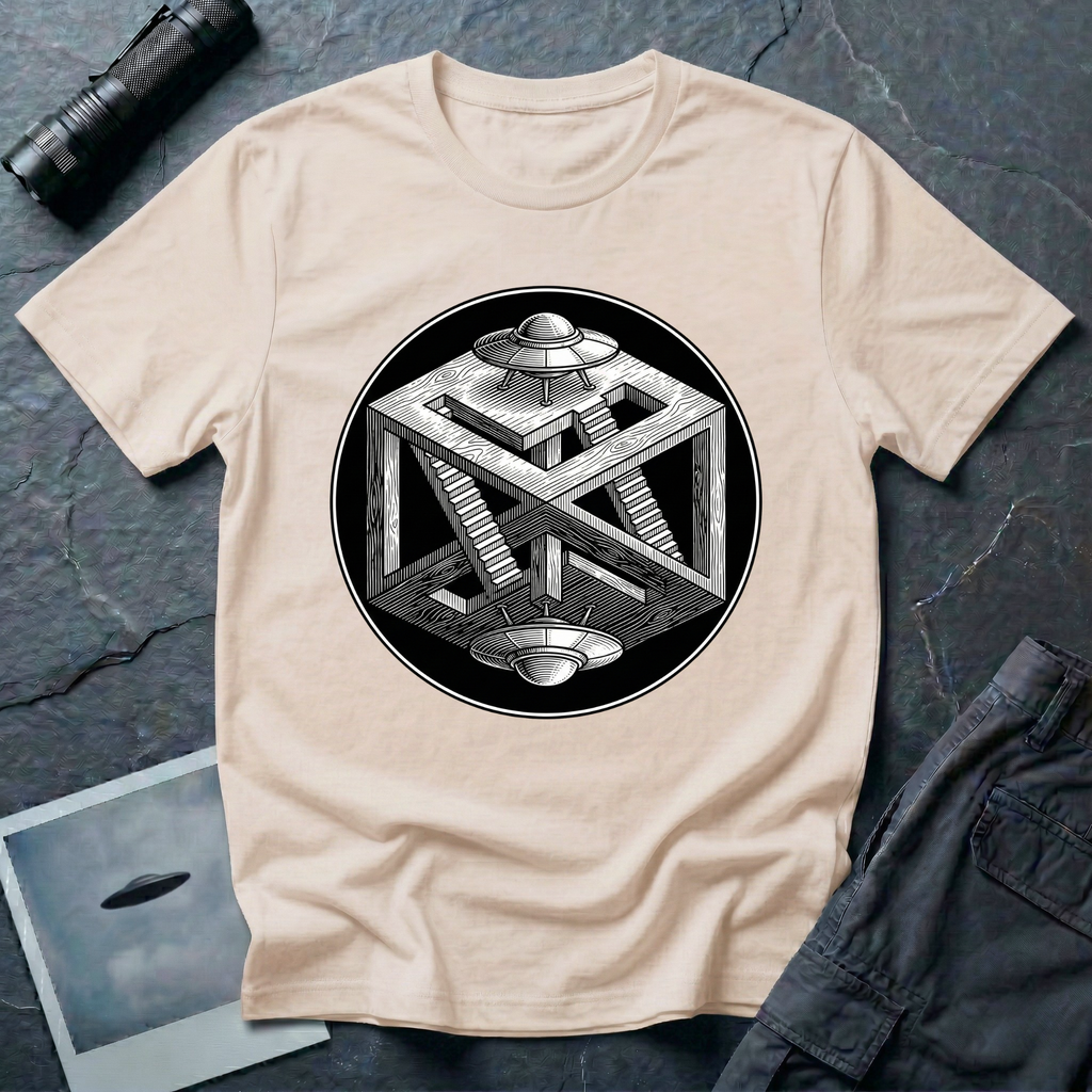 Escher UFO impossible geometry t-shirt — wood-engraved impossible cube with paradoxical staircases and two mirrored flying saucers inside a circular black medallion on natural cotton tee