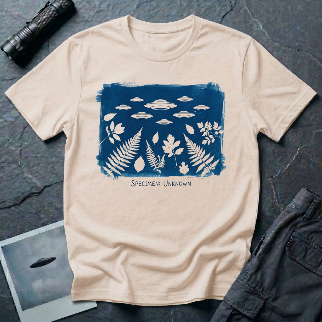 Specimen Unknown cyanotype UFO t-shirt — Anna Atkins-style cyanotype with ferns, leaves and flying saucer squadron in white on Prussian blue on natural cotton tee