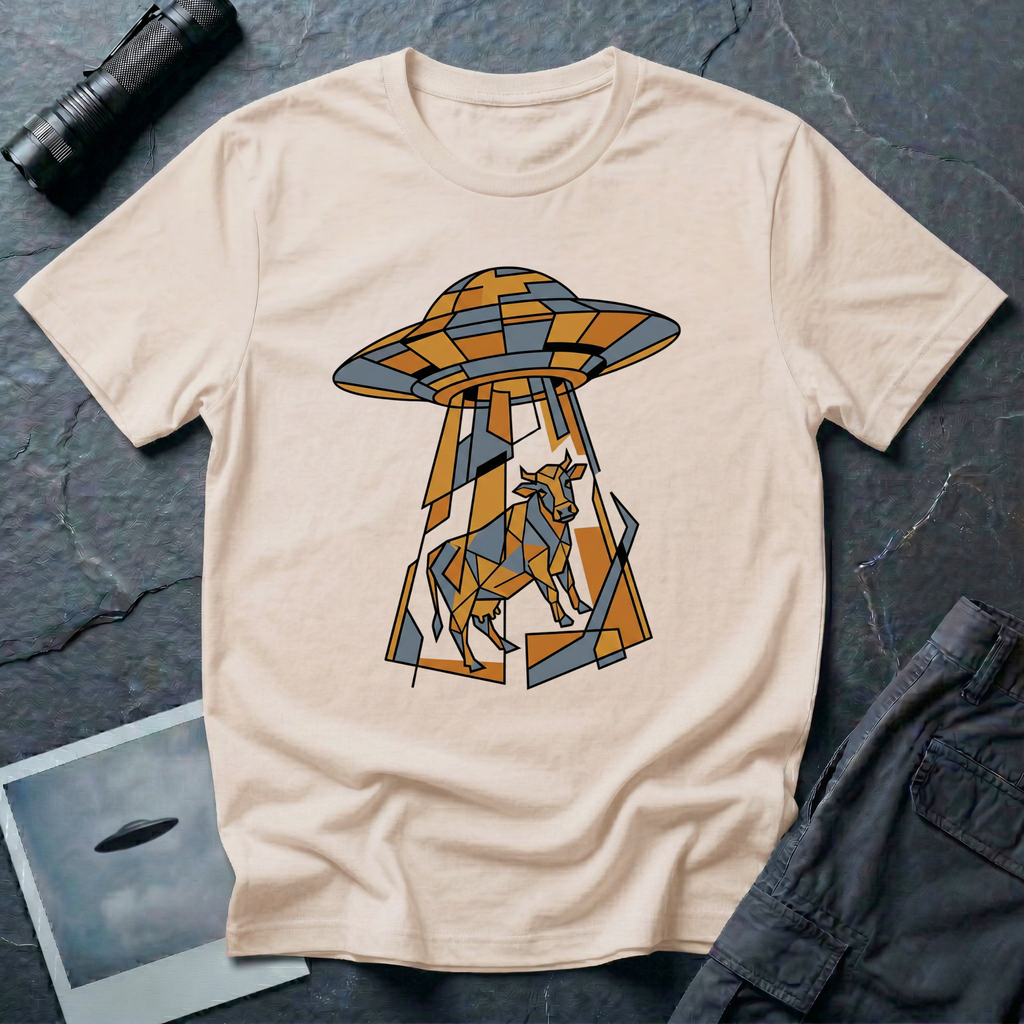 Cubist Cow geometric cow abduction t-shirt — flying saucer and suspended cow rendered in angular faceted planes of orange, grey, and white triangular geometric fragments on natural cotton tee