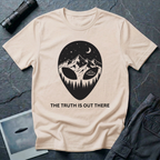 The Truth Is Out There alien head t-shirt — alien silhouette filled with mountains, pine forest and flying saucer on natural cotton tee