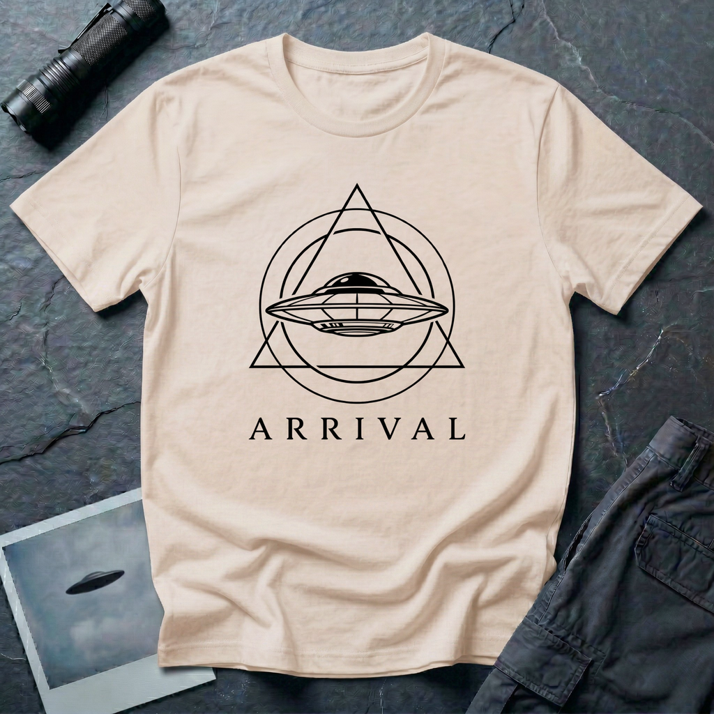 Arrival modern UAP t-shirt — minimalist flying saucer inside circle and triangle geometry on natural unisex cotton tee