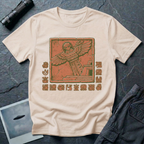 Aztec alien t-shirt — ancient astronaut figure with grey alien head in Mesoamerican feathered dress on stepped pyramid. Weathered stone relief on natural cotton tee.