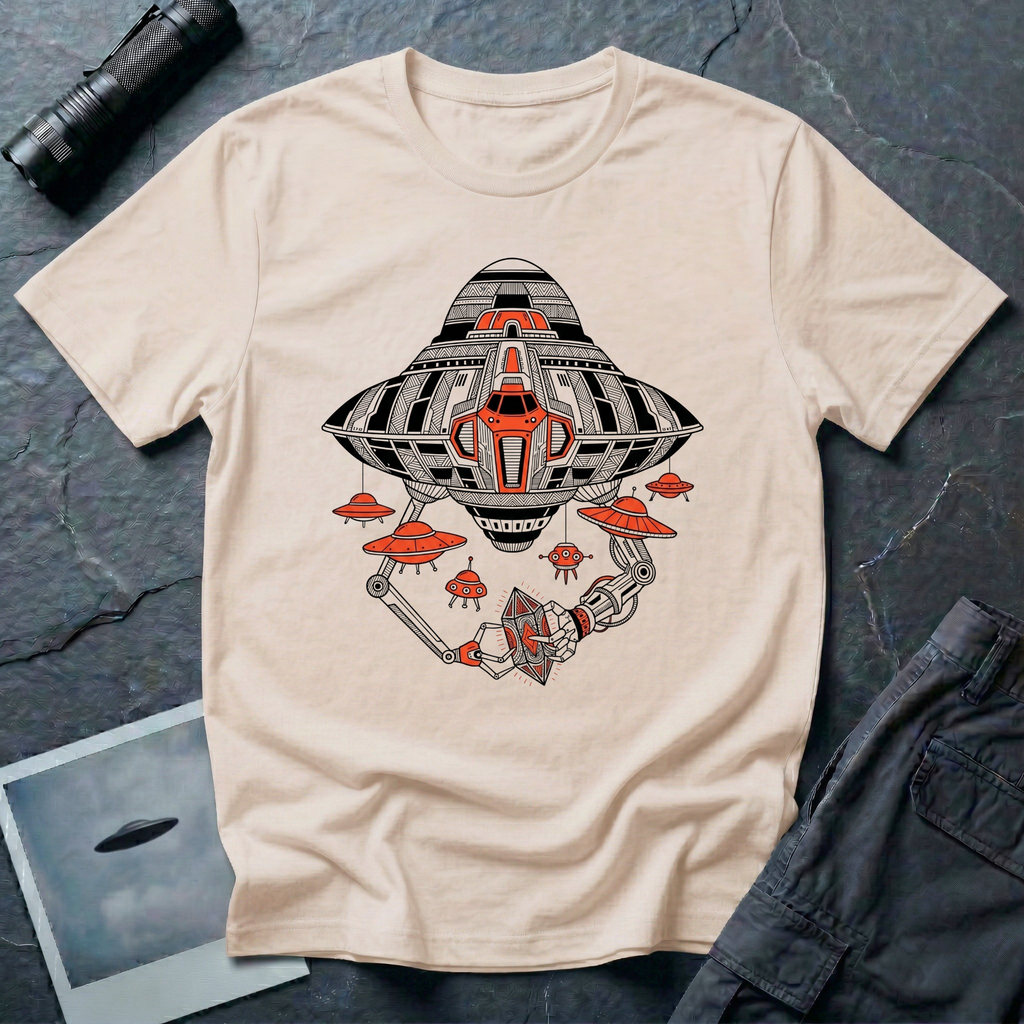 Natural t-shirt with a black and orange mechanical UFO design featuring robotic arms holding an octahedral artefact and smaller saucer drones.