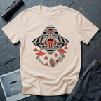 Natural t-shirt with a black and orange mechanical UFO design featuring robotic arms holding an octahedral artefact and smaller saucer drones.
