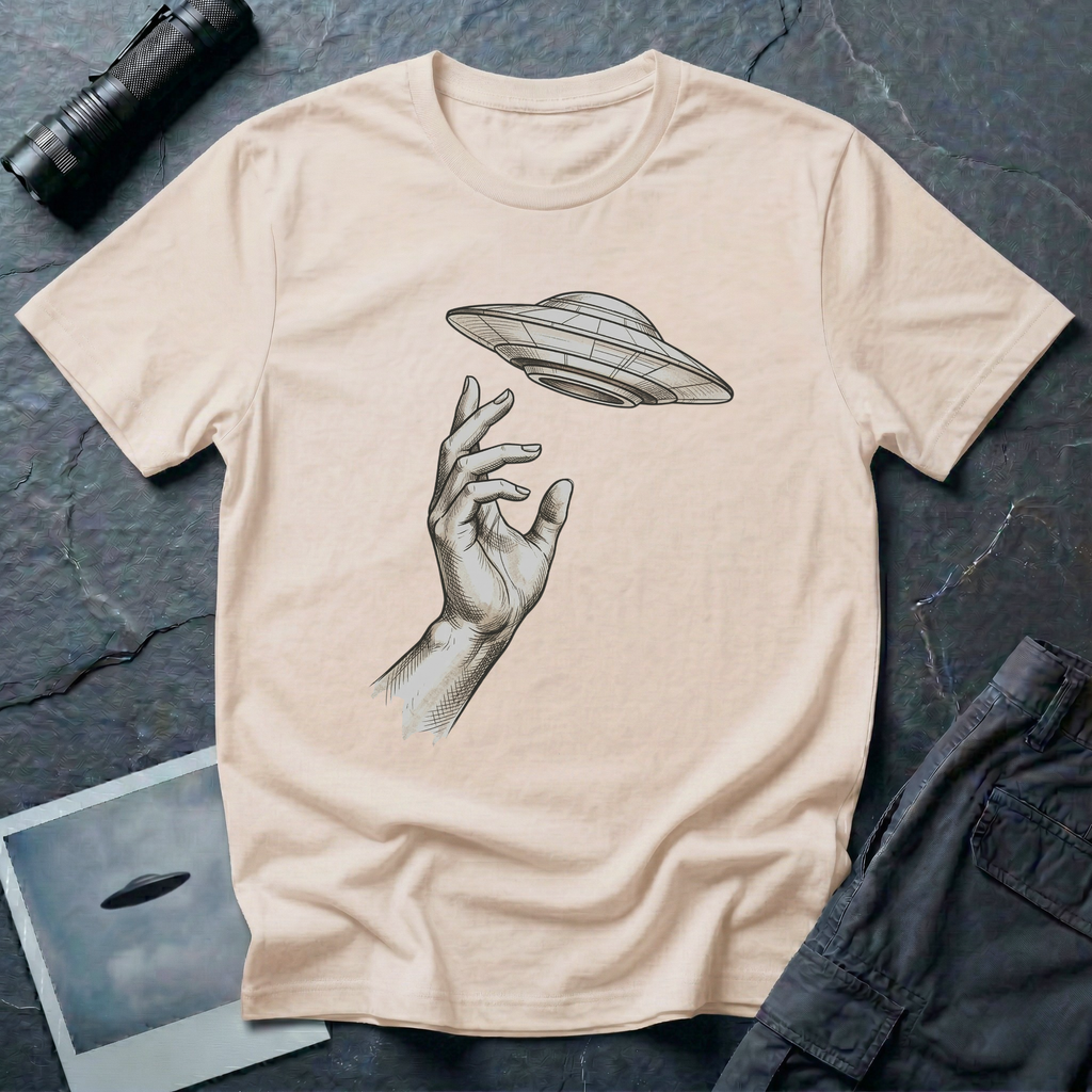 Da Vinci's UFO Renaissance t-shirt — classical ink sketch of a hand reaching for a flying saucer on natural unisex cotton tee