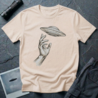 Da Vinci's UFO Renaissance t-shirt — classical ink sketch of a hand reaching for a flying saucer on natural unisex cotton tee