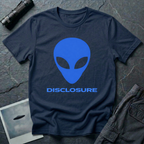Alien Disclosure grey alien t-shirt — classic bulbous-head alien with almond eyes in electric blue on navy unisex cotton tee
