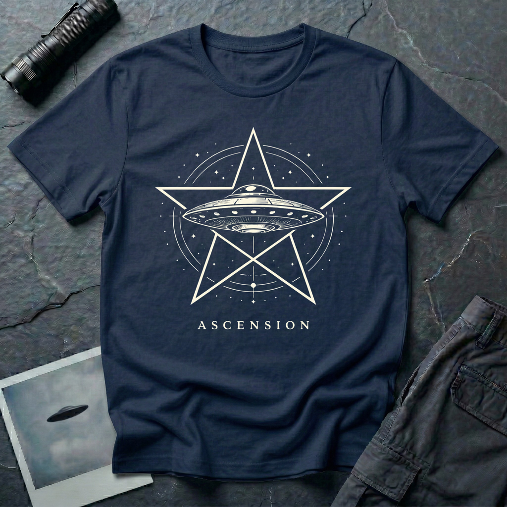 Ascension pentagram UFO t-shirt — flying saucer inside an upright five-pointed star with compass ring on navy unisex cotton tee