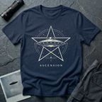 Ascension pentagram UFO t-shirt — flying saucer inside an upright five-pointed star with compass ring on navy unisex cotton tee