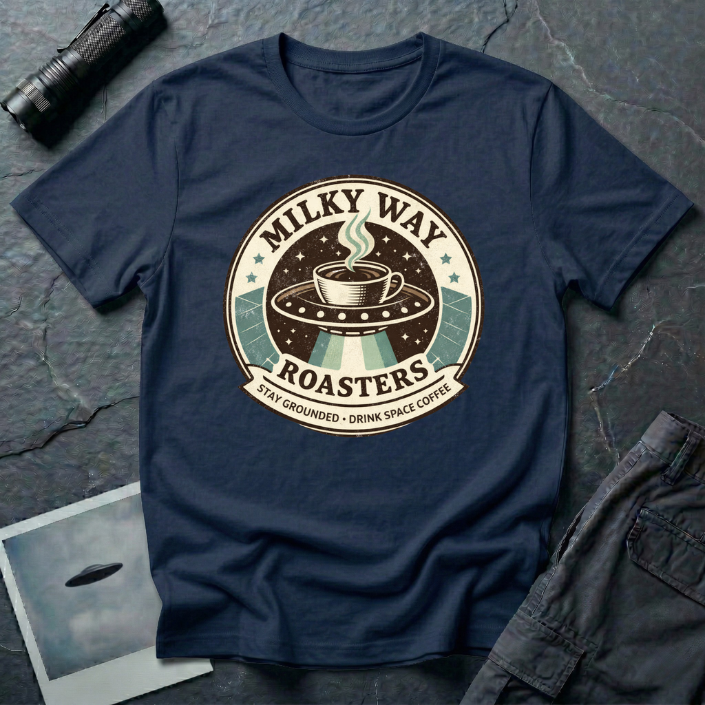 Milky Way Roasters coffee UFO t-shirt — vintage roaster badge with steaming cup on flying saucer and "Stay Grounded Drink Space Coffee" tagline on navy cotton tee