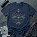 Navy Blue t-shirt with a celestial mandala UFO design featuring lunar phase sequence lotus flower seed of life geometry and central saucer in gold lavender and teal linework