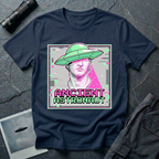 Ancient Astronaut vaporwave UFO t-shirt — classical Greek Roman marble bust statue in pink and purple with bright green flying saucer on head, digital glitch effects, gray distortion bars, and pixelated "ANCIENT ASTRONAUT" text in magenta and green on navy cotton tee