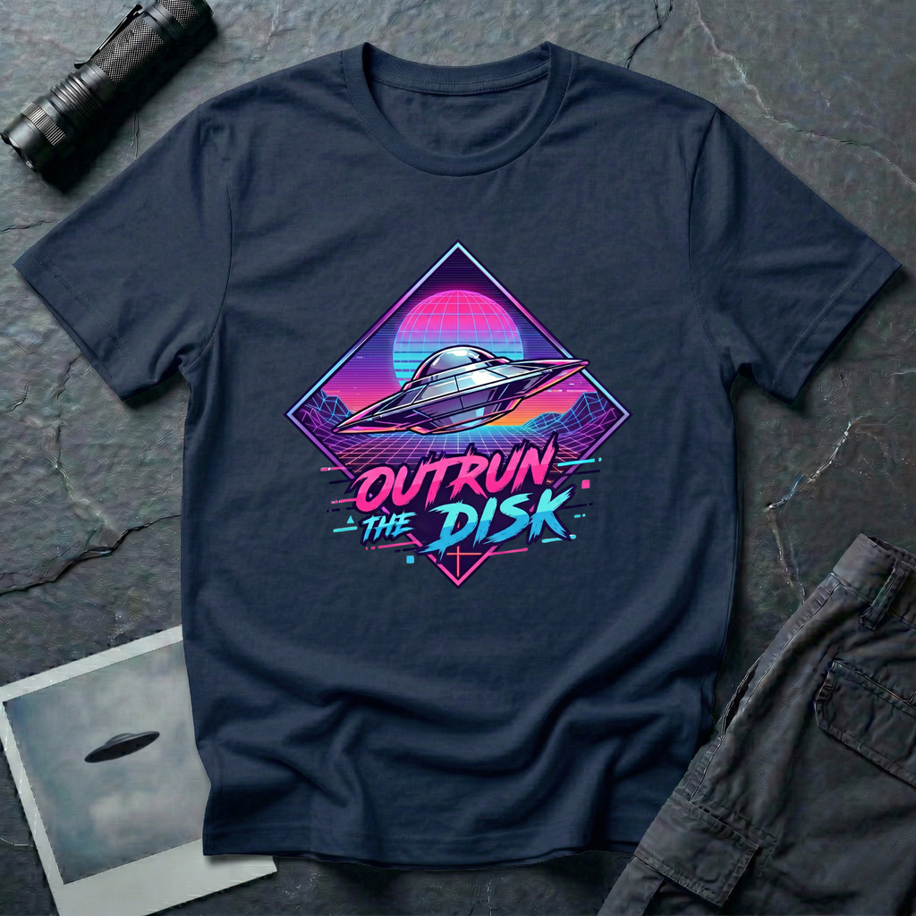 Outrun The Disk synthwave UFO t-shirt — chrome saucer across neon grid landscape with wireframe sun and retrowave typography on navy cotton tee