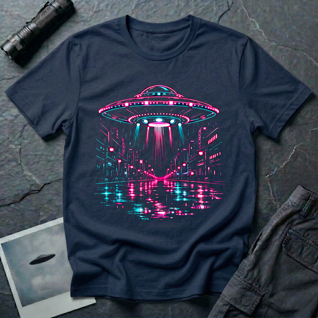 Cyberpunk City UFO t-shirt — classic flying saucer in glowing magenta and cyan neon outlines above a dystopian city skyline with skyscrapers, street lamps, beams of light, and rain-slick reflective street on navy cotton tee