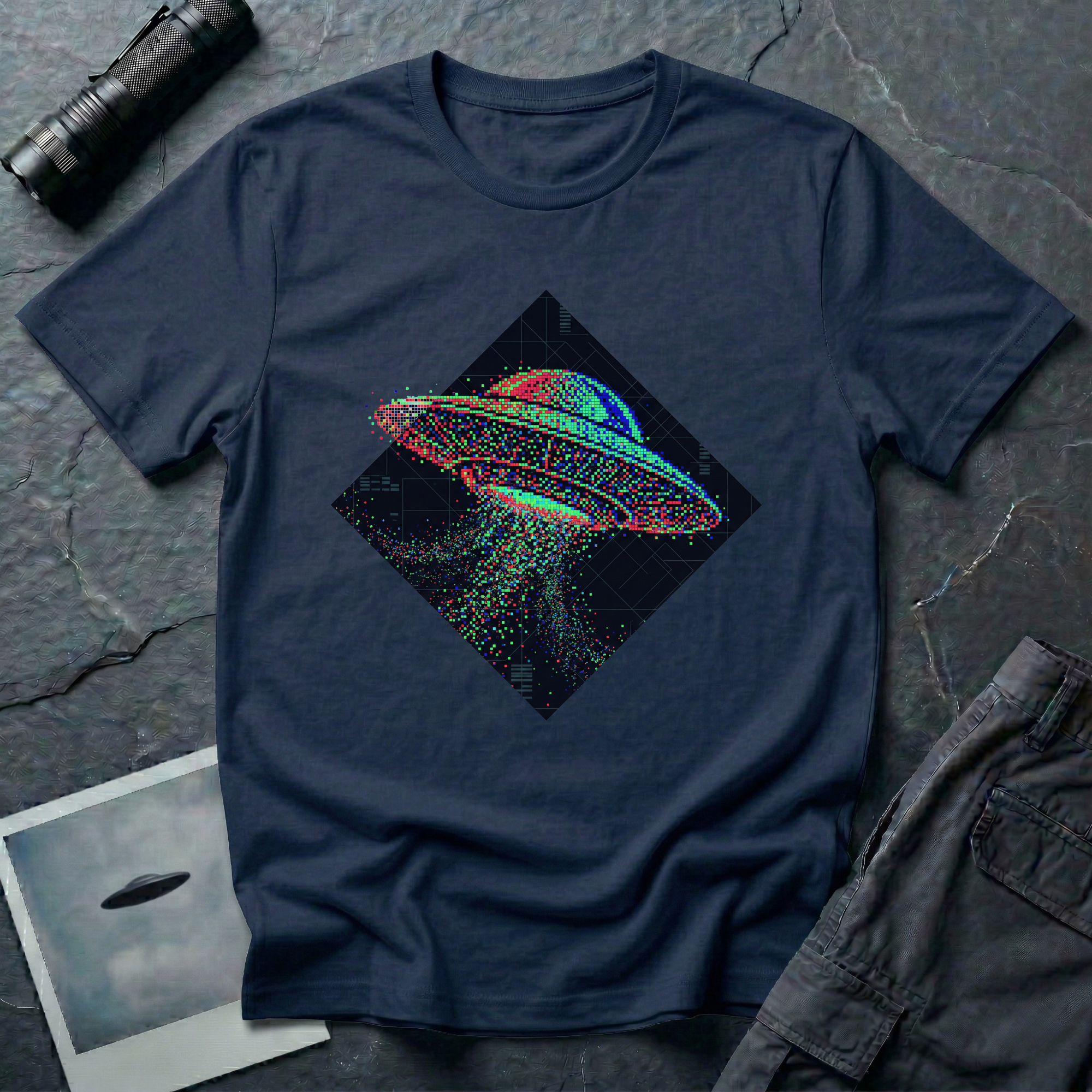 Glitch UFO t-shirt — flying saucer rendered in RGB pixel dots disintegrating inside a dark diamond frame on navy cotton tee