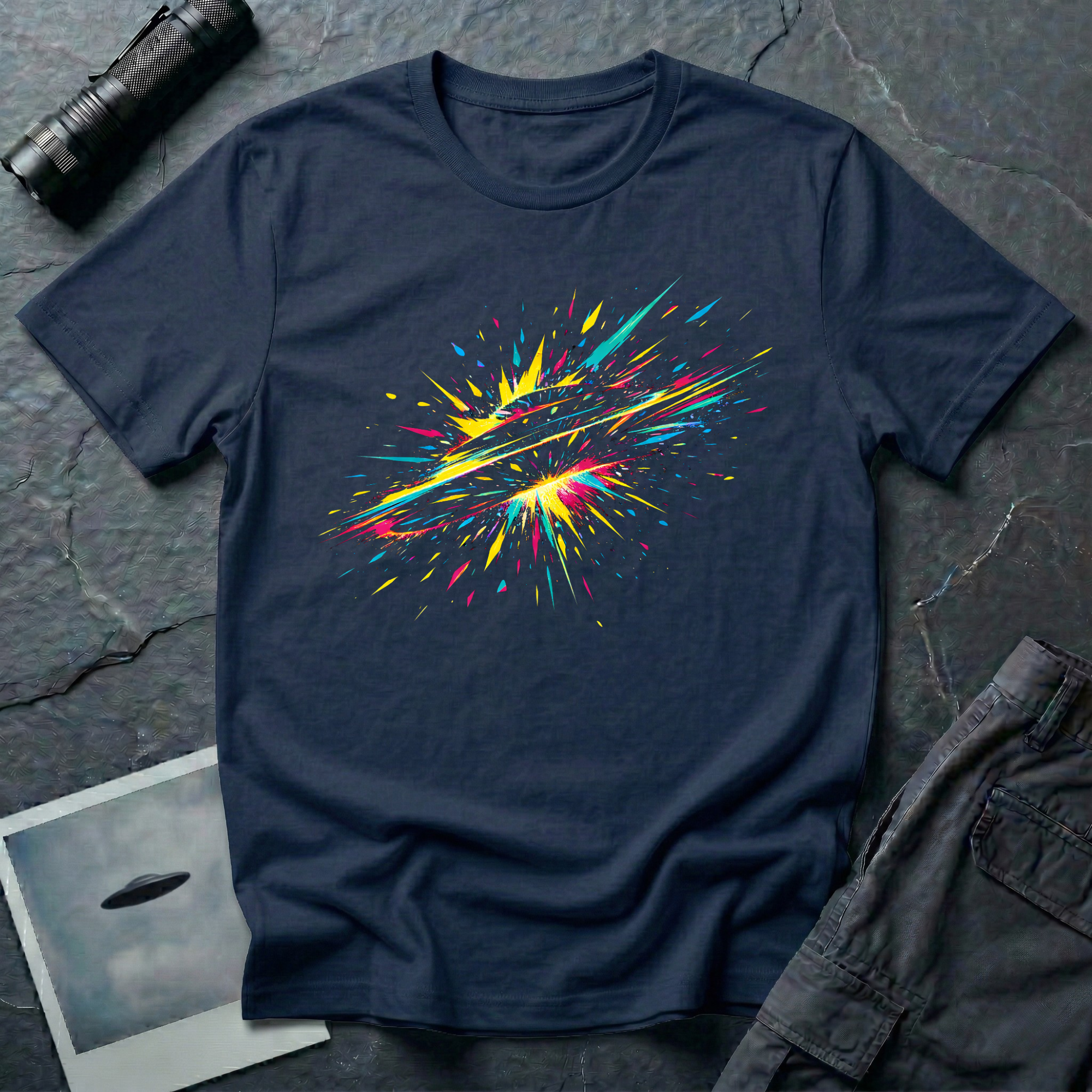Paint Shards abstract UFO t-shirt — flying saucer bursting into magenta, cyan, yellow, and teal paint shards on navy cotton tee