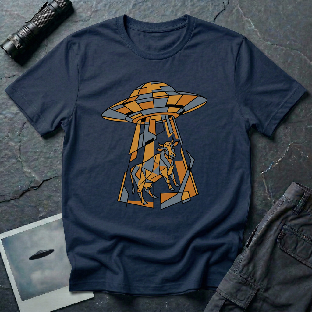 Cubist Cow geometric cow abduction t-shirt — flying saucer and suspended cow rendered in angular faceted planes of orange, grey, and white triangular geometric fragments on navy cotton tee