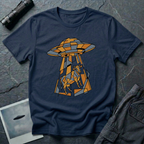 Cubist Cow geometric cow abduction t-shirt — flying saucer and suspended cow rendered in angular faceted planes of orange, grey, and white triangular geometric fragments on navy cotton tee