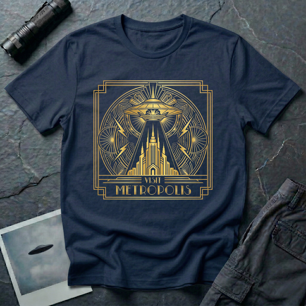Visit Metropolis Art Deco city UFO t-shirt — gold saucer beaming over stepped skyscrapers and lightning bolts in Deco frame on navy cotton tee