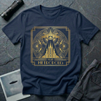 Visit Metropolis Art Deco city UFO t-shirt — gold saucer beaming over stepped skyscrapers and lightning bolts in Deco frame on navy cotton tee