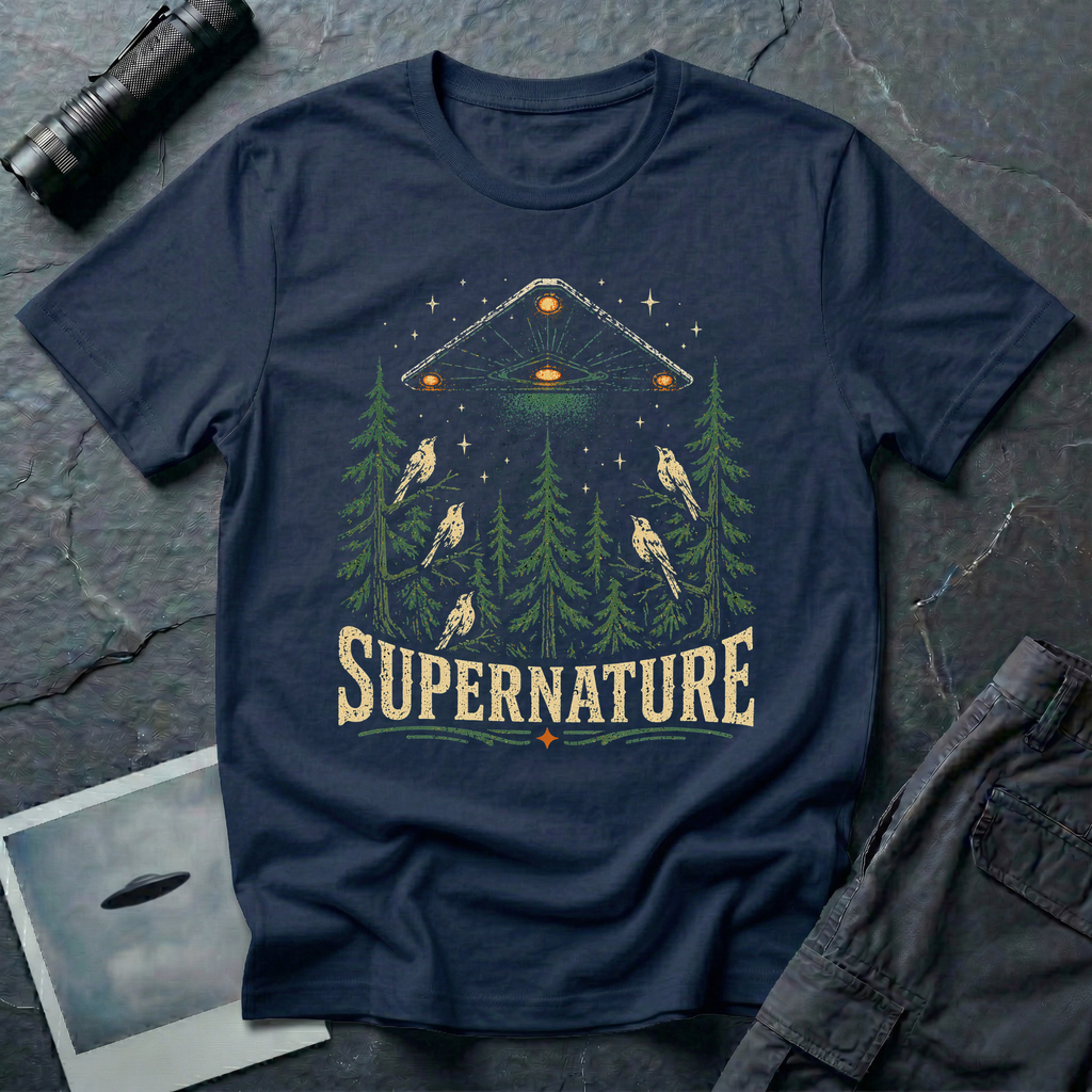 Supernature black triangle UFO t-shirt — triangle craft hovering over pine forest with birds on navy unisex cotton tee