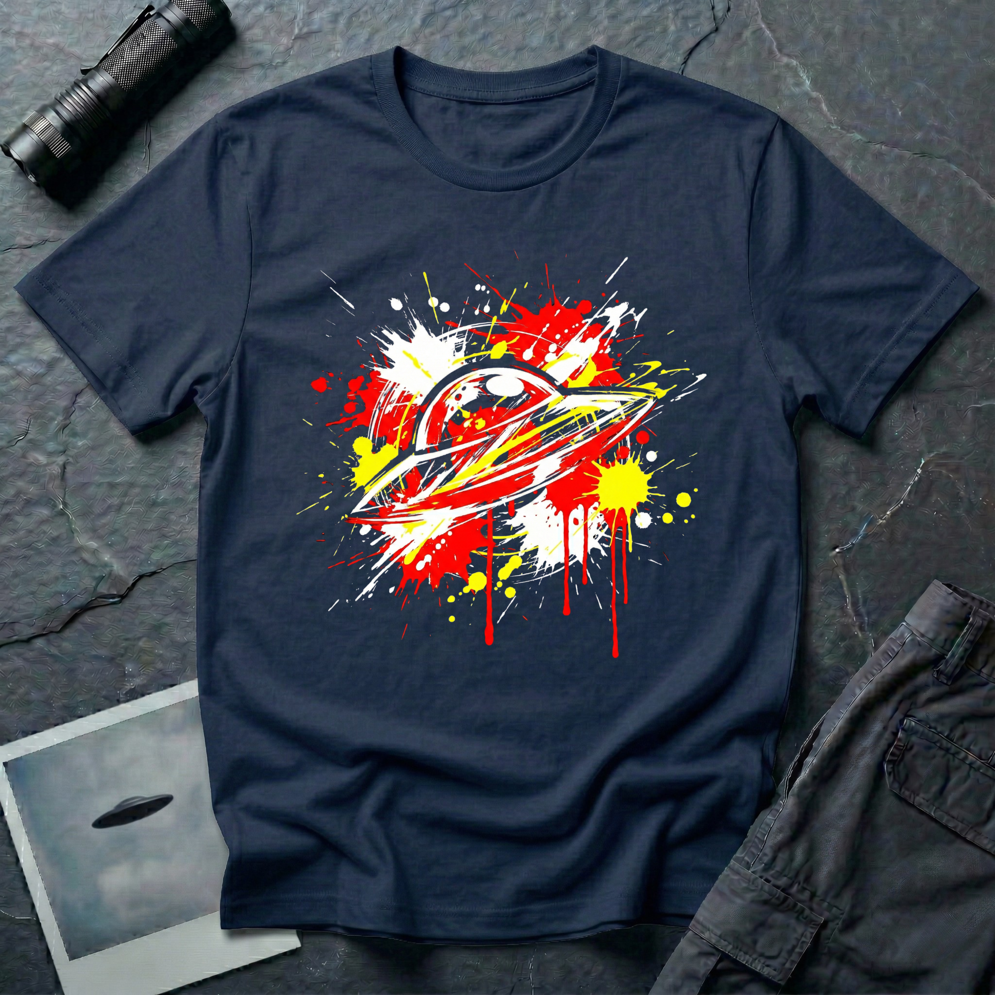 Crash Landing street art UFO t-shirt — flying saucer in explosive red, yellow, and white paint splatter with drips on navy blue cotton tee