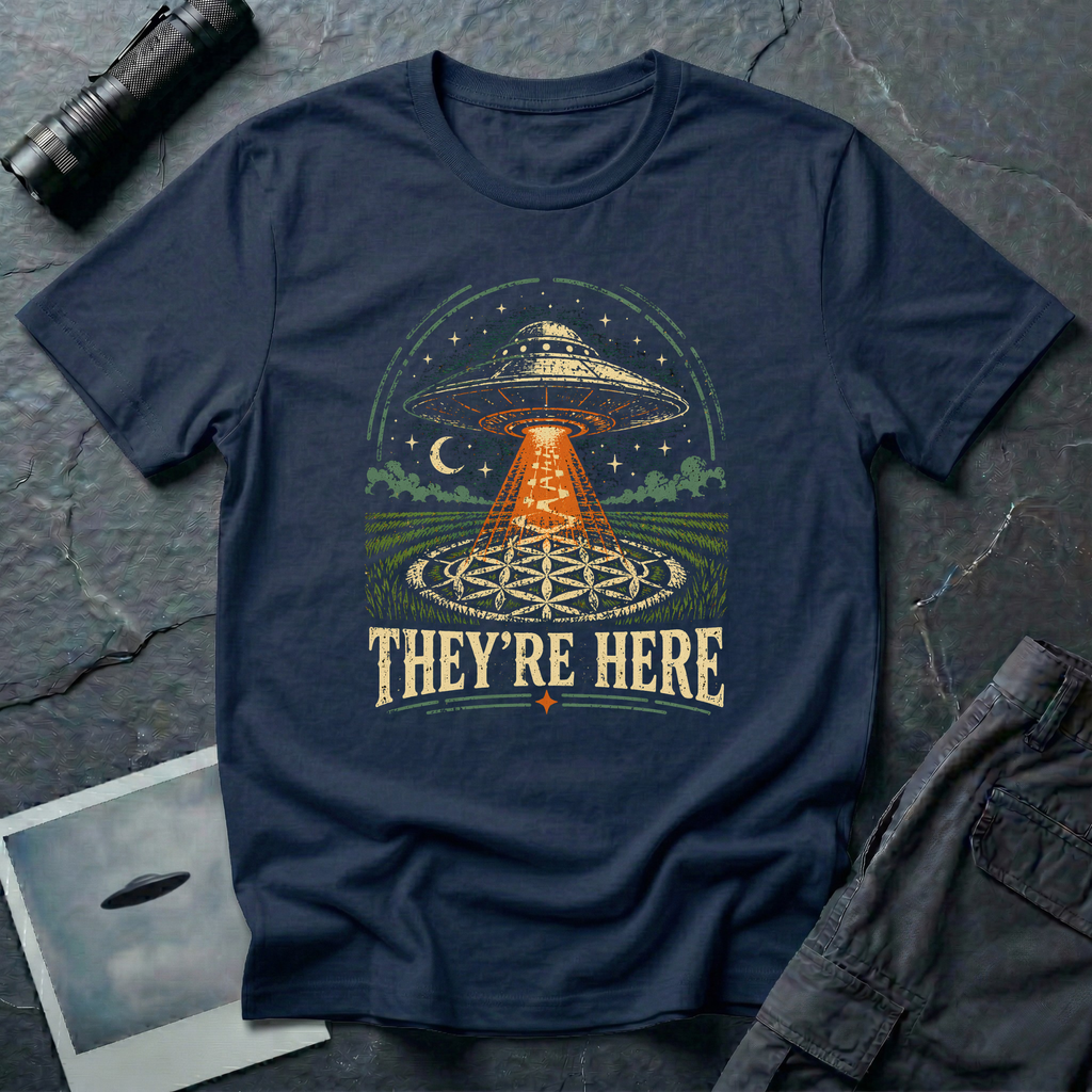 They're Here crop circle UFO t-shirt — flying saucer beaming over Flower of Life crop formation on navy unisex cotton tee