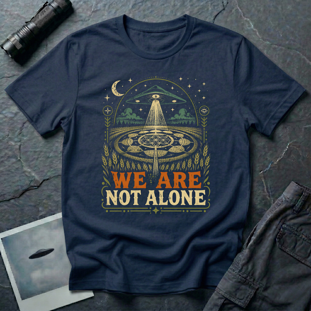 We Are Not Alone vintage UFO t-shirt — flying saucer over intricate crop circle and Flower of Life on navy unisex cotton tee