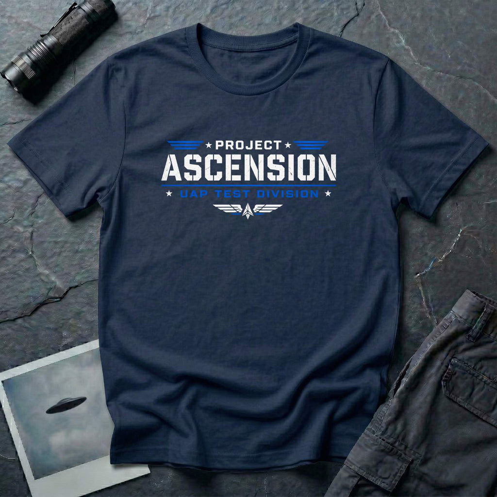 Navy blue t-shirt with PROJECT ASCENSION UAP TEST DIVISION military stencil lettering in white and blue with winged delta emblem