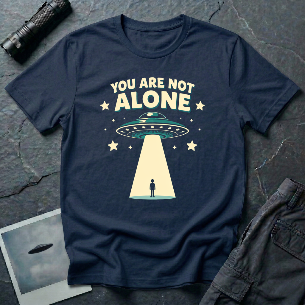 You Are Not Alone friendly UFO t-shirt — retro saucer beaming down on a calm human figure with "You Are Not Alone" text on navy cotton tee