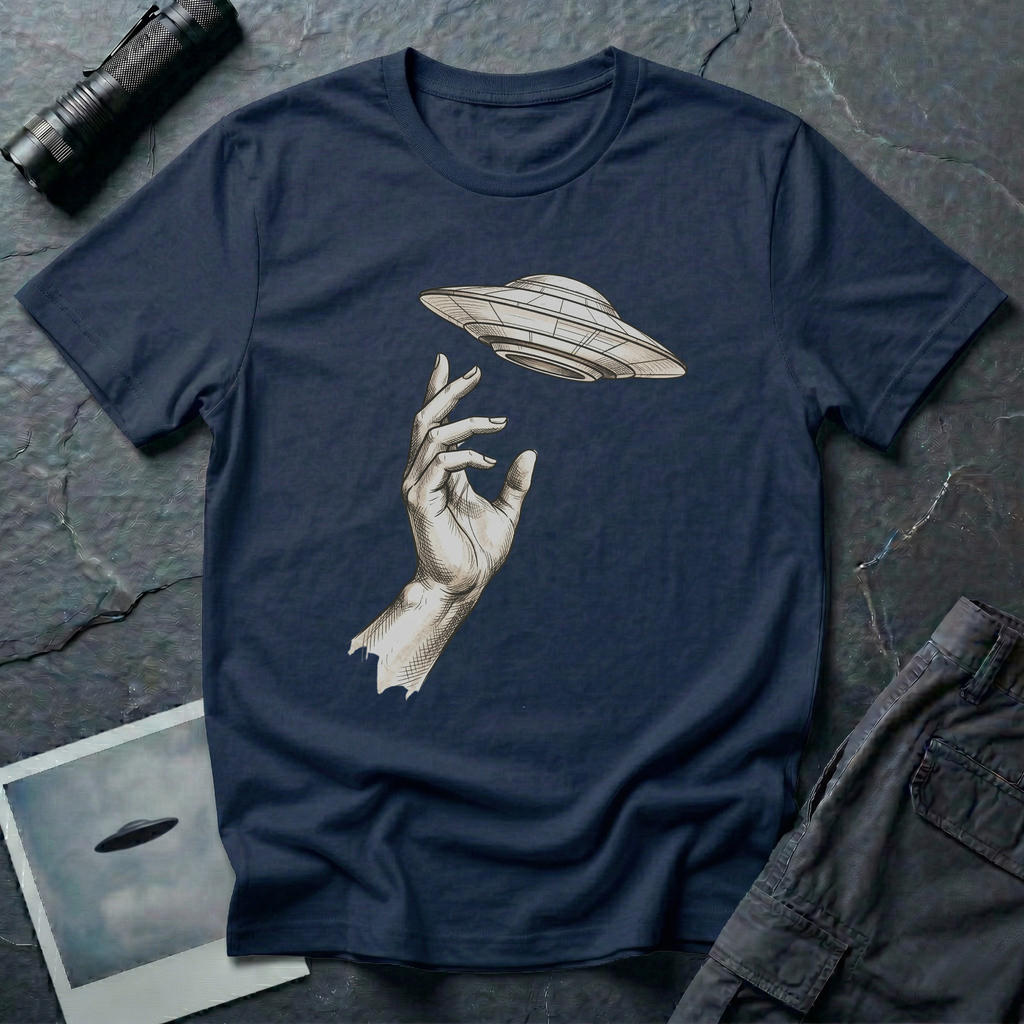 Da Vinci's UFO Renaissance t-shirt — classical ink sketch of a hand reaching for a flying saucer on navy unisex cotton tee